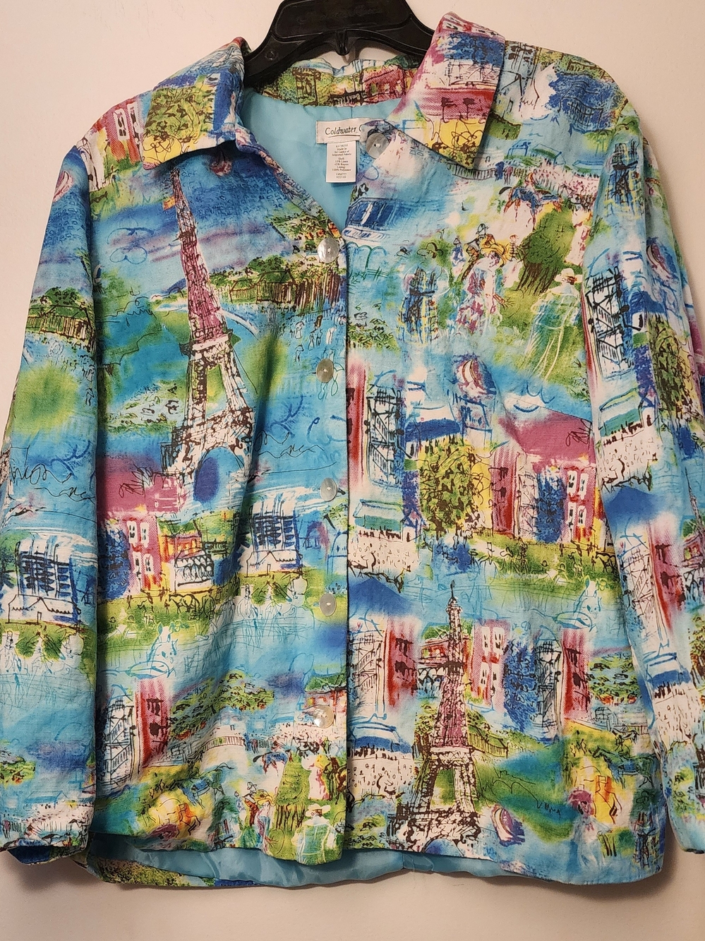 Coldwater Creek Paris Sketch Button-Up Jacket in Blue, Green, Pink